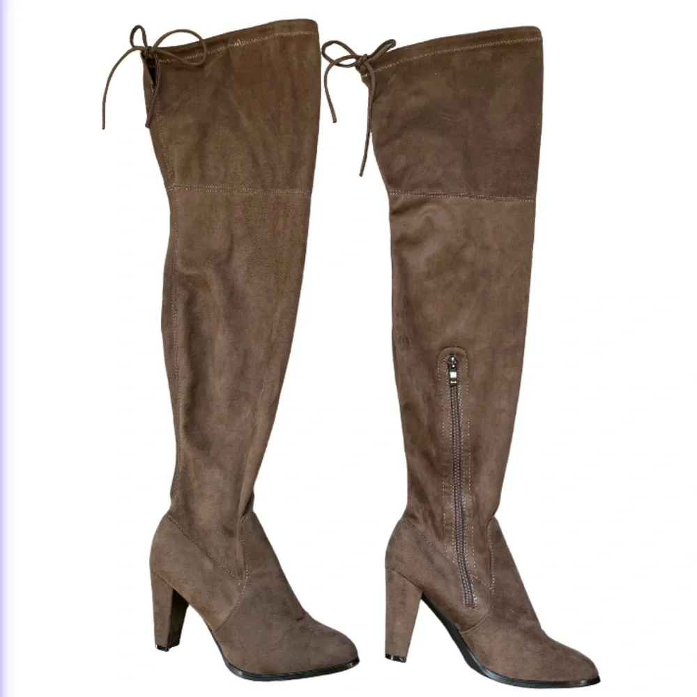 Sexy Thigh High Boots Chunky Heel Over Knee Suede Tie Brown Almond Toe Size 8.5